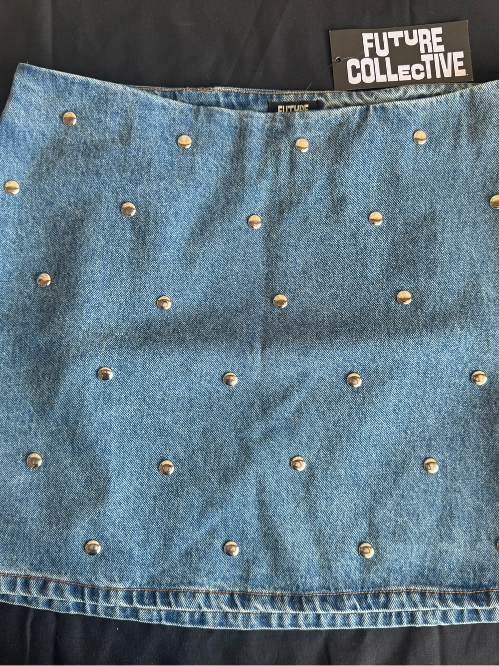 Future Collective Silver Studded Denim Mini Skirt A-Line Festival Edgy NWT